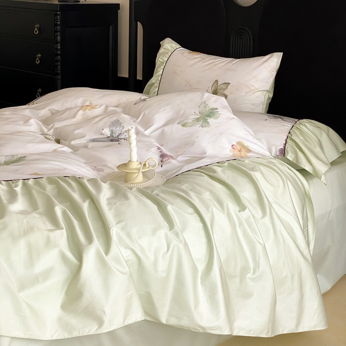 91家纺网 家纺一手货源 找家纺 云栖家居 2025新款纯棉全棉法式高支数码印花长绒棉四件套-墨蝶 墨蝶-绿