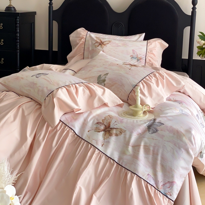 91家纺网 家纺一手货源 找家纺 （总）云栖家居 2025新款纯棉全棉法式高支数码印花长绒棉四件套-墨蝶