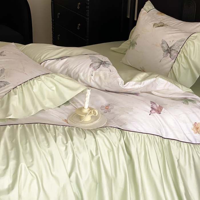 91家纺网 家纺一手货源 找家纺 云栖家居 2025新款纯棉全棉法式高支数码印花长绒棉四件套-墨蝶 墨蝶-绿