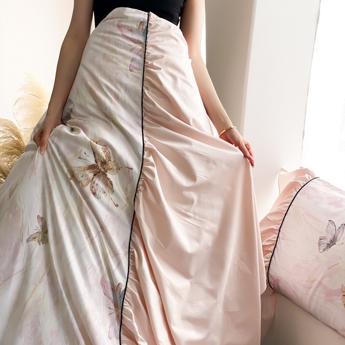 91家纺网 家纺一手货源 找家纺 云栖家居 2025新款纯棉全棉法式高支数码印花长绒棉四件套-墨蝶 墨蝶-粉