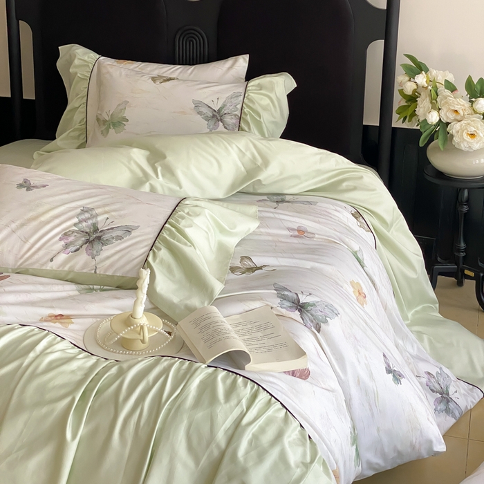 91家纺网 家纺一手货源 找家纺 云栖家居 2025新款纯棉全棉法式高支数码印花长绒棉四件套-墨蝶 墨蝶-绿