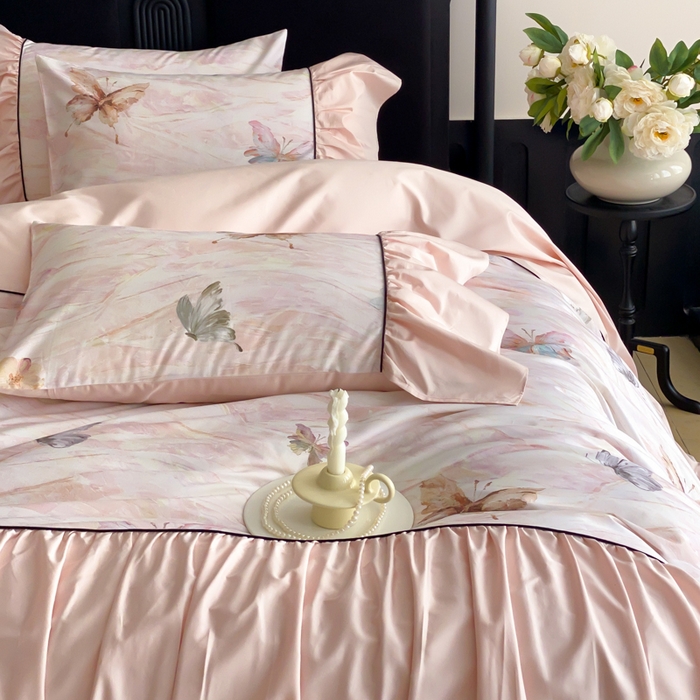 91家纺网 家纺一手货源 找家纺 云栖家居 2025新款纯棉全棉法式高支数码印花长绒棉四件套-墨蝶 墨蝶-粉