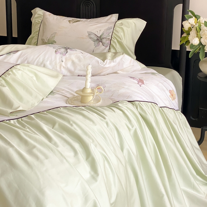 91家纺网 家纺一手货源 找家纺 云栖家居 2025新款纯棉全棉法式高支数码印花长绒棉四件套-墨蝶 墨蝶-绿