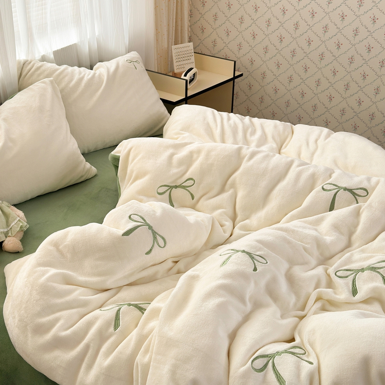 91家纺网 家纺一手货源 找家纺 娜娜 2025新款高克重牛奶绒同心结系列单品被套 同心结奶昔白+绿