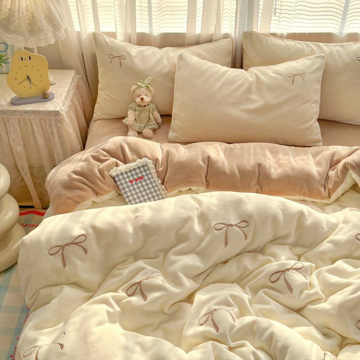 娜娜 2025新款高克重牛奶绒同心结系列单品被套 同心结奶昔白+咖