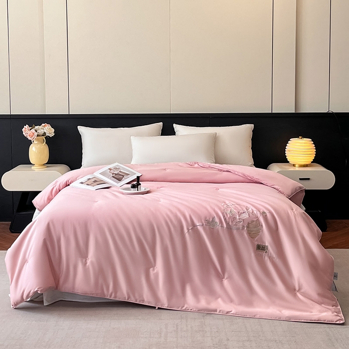 紫乐 2025新款60支全棉长绒棉绣花蚕丝被纯棉春秋被加厚保暖冬被 暖心粉