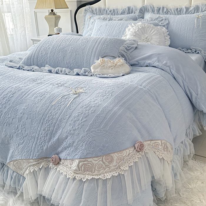 金绣美居 2025新款加厚雕花牛奶绒四件套-蝶花园 蝶花园-湖水蓝