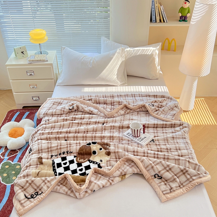 91家纺网 家纺一手货源 找家纺 凯轩毛毯网销专供 2025新款双层学生云毯毛毯保暖毯 爱心狗-棕