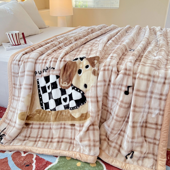 91家纺网 家纺一手货源 找家纺 凯轩毛毯网销专供 2025新款双层学生云毯毛毯保暖毯 爱心狗-棕