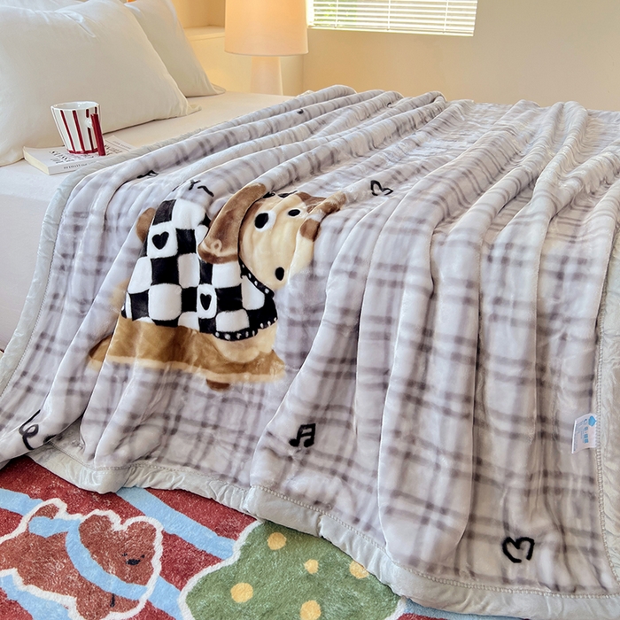 91家纺网 家纺一手货源 找家纺 凯轩毛毯网销专供 2025新款双层学生云毯毛毯保暖毯 爱心狗-灰