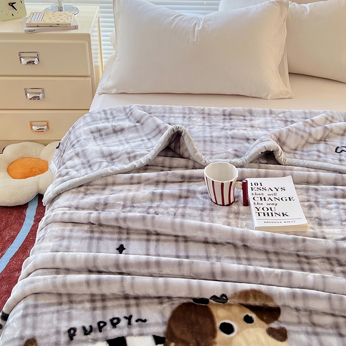 91家纺网 家纺一手货源 找家纺 凯轩毛毯网销专供 2025新款双层学生云毯毛毯保暖毯 爱心狗-灰