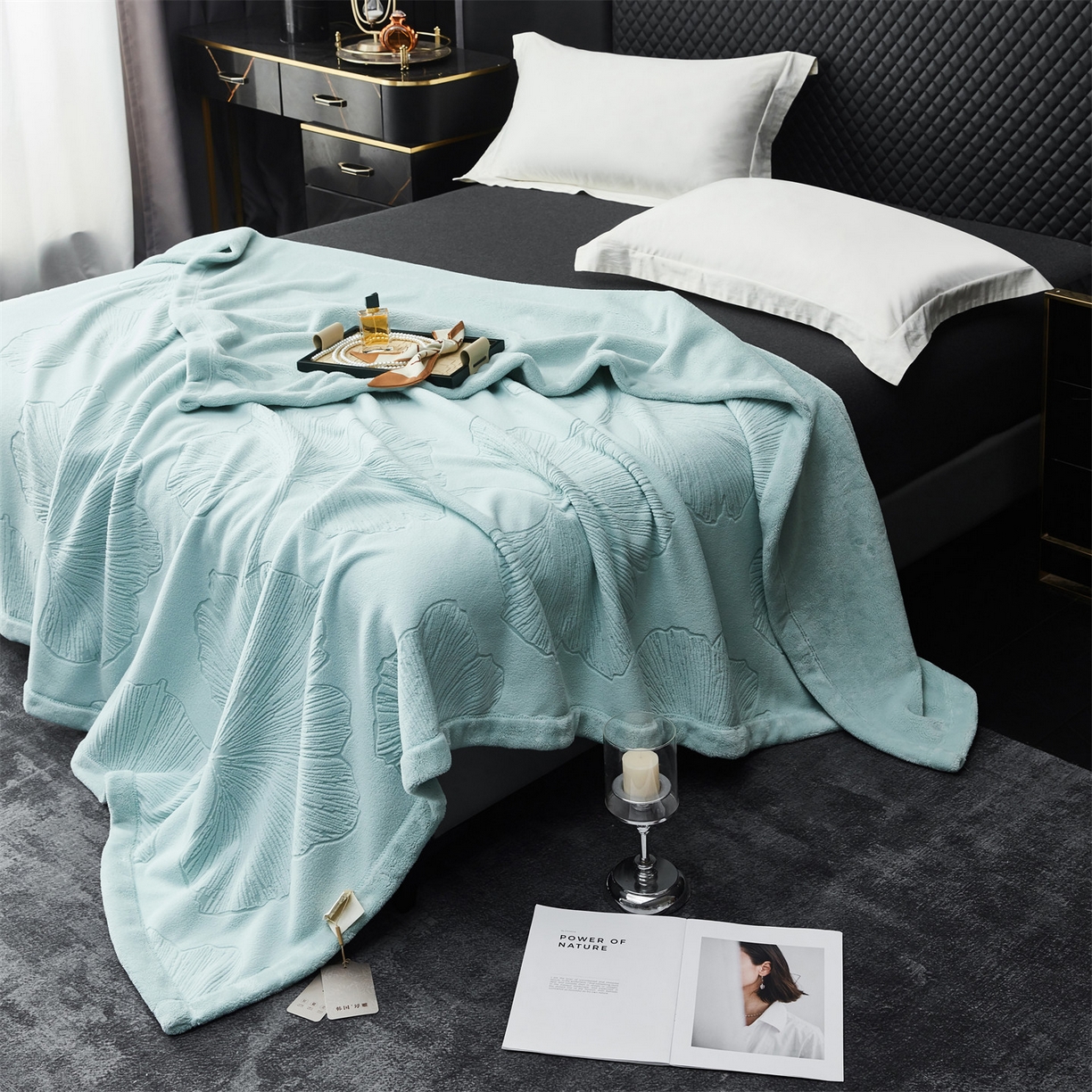 91家纺网 家纺一手货源 找家纺 凯轩毛毯网销专供 2025新款单层雕花毯毛毯婚庆毯保暖毯子 银杏叶 浅绿