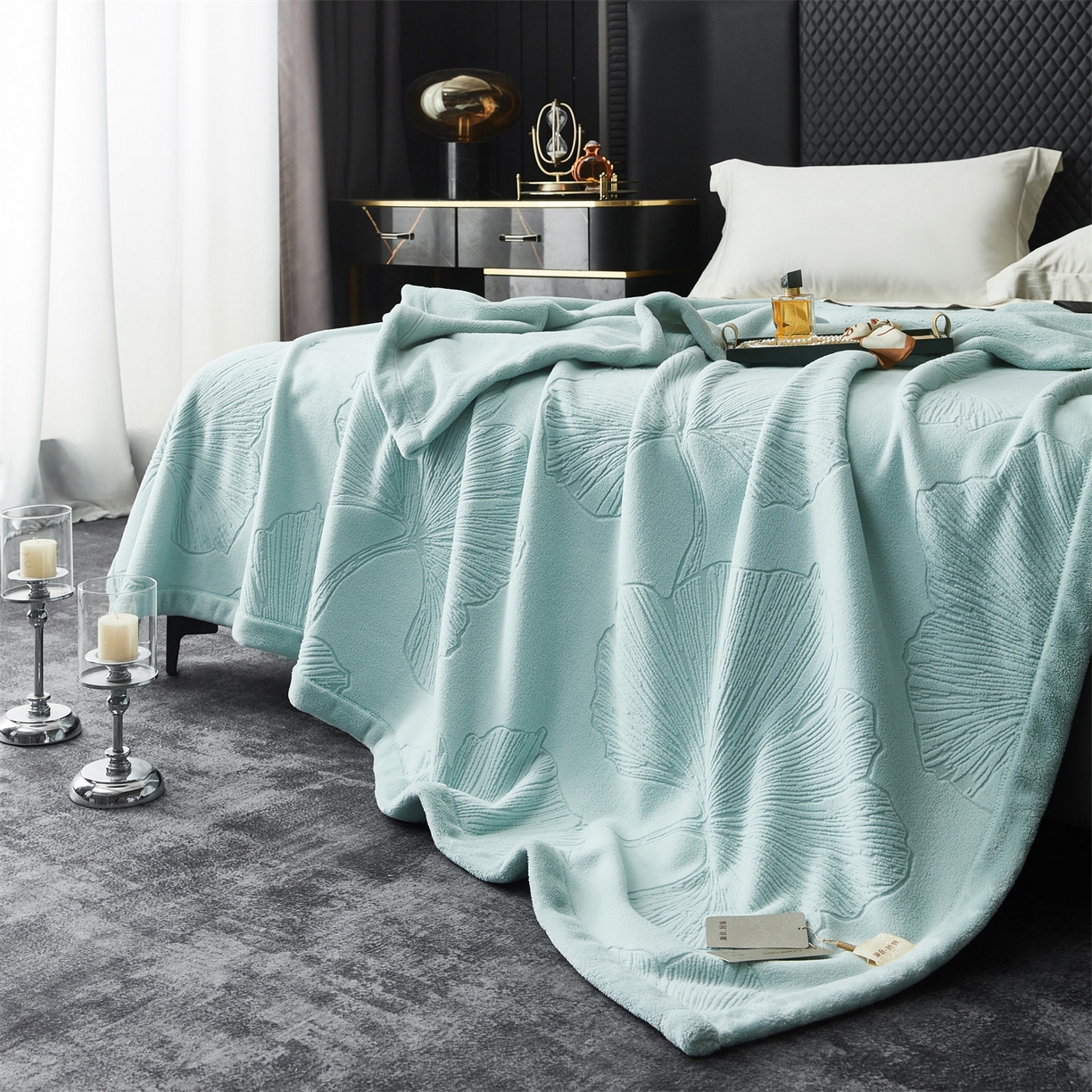 91家纺网 家纺一手货源 找家纺 凯轩毛毯网销专供 2025新款单层雕花毯毛毯婚庆毯保暖毯子 银杏叶 浅绿