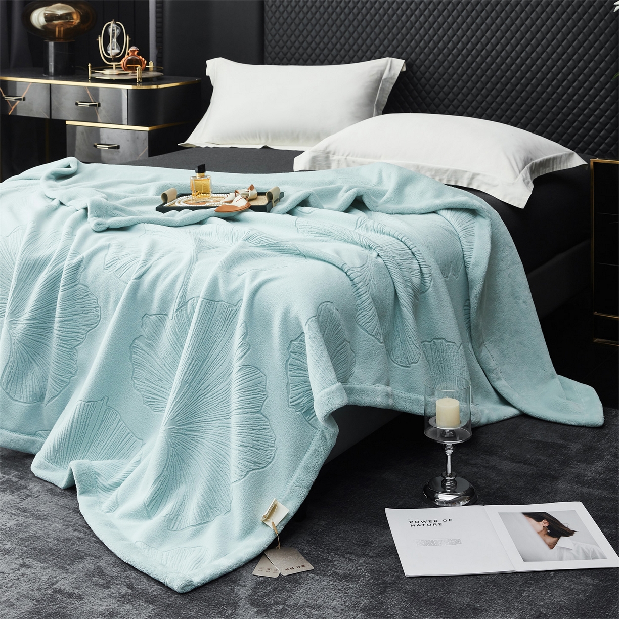 91家纺网 家纺一手货源 找家纺 凯轩毛毯网销专供 2025新款单层雕花毯毛毯婚庆毯保暖毯子 银杏叶 浅绿