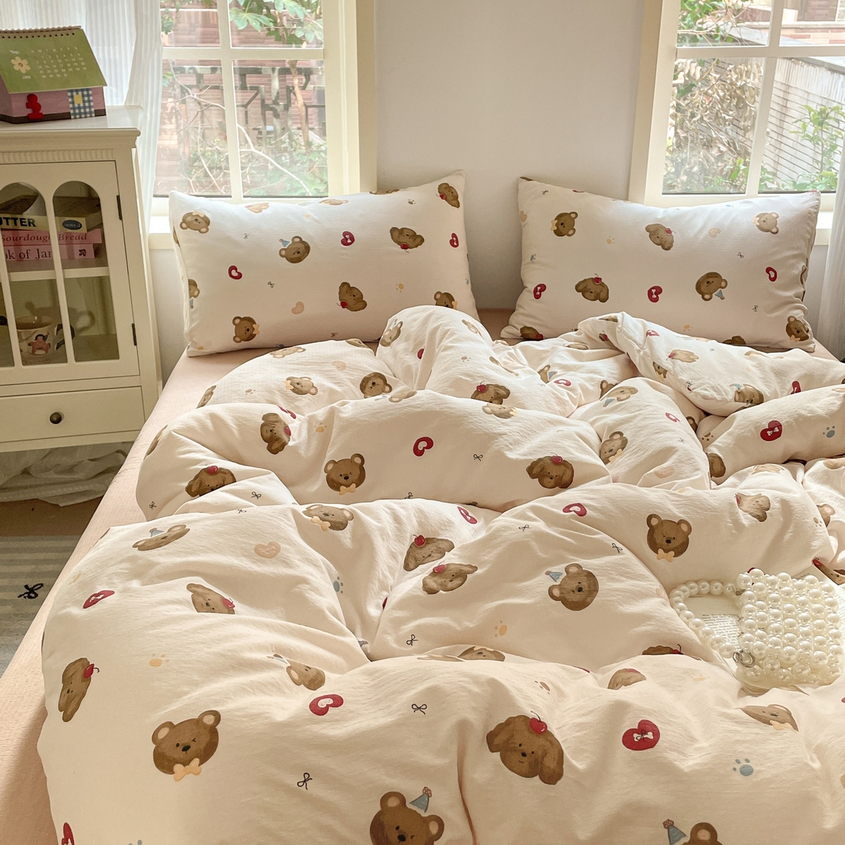 91家纺网 家纺一手货源 找家纺 铺尚美家纺 2025新款云感提花双层纱系列 奇妙小熊-米