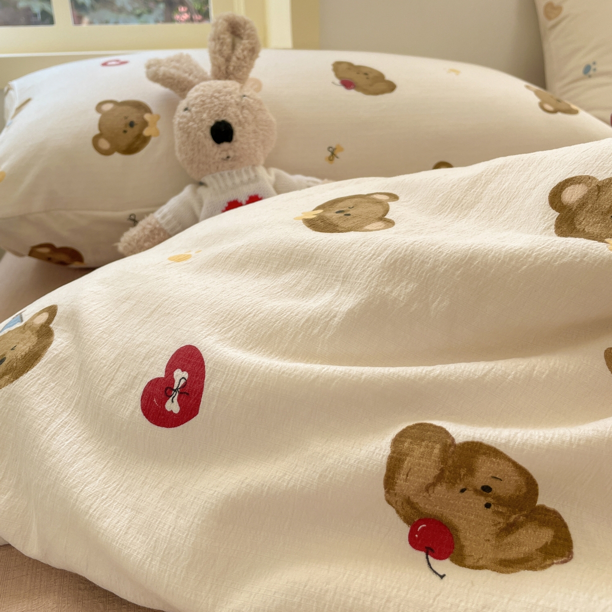 91家纺网 家纺一手货源 找家纺 铺尚美家纺 2025新款云感提花双层纱系列 奇妙小熊-米