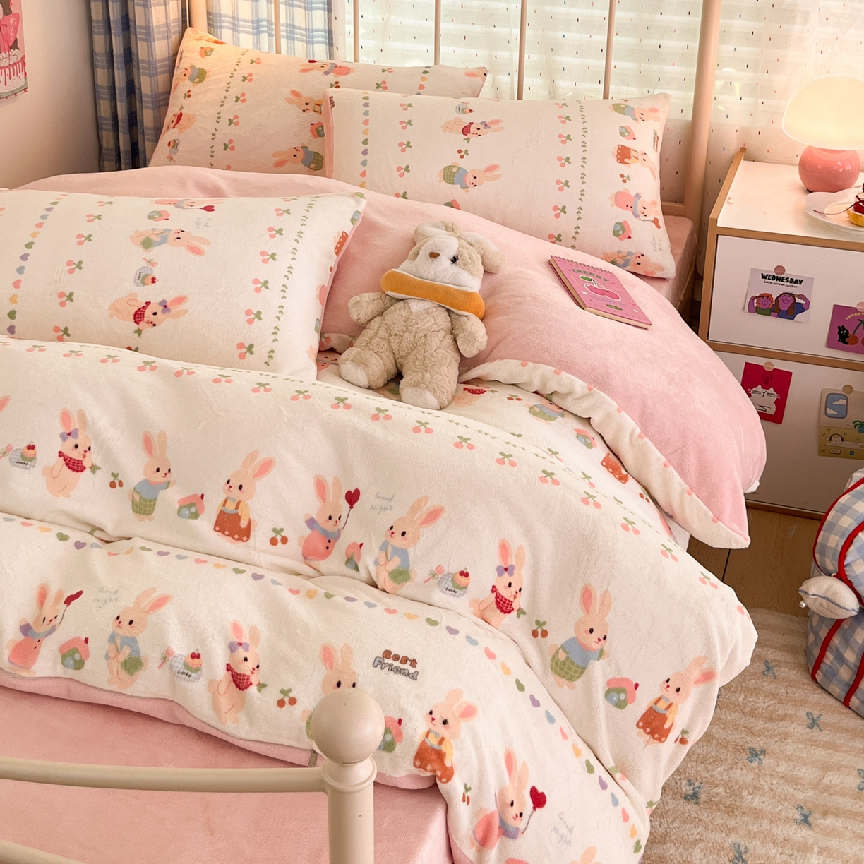 91家纺网 家纺一手货源 找家纺 贝扬思家纺 2025新款软fufu加厚保暖可爱系牛奶绒宿舍床套件系列（小红书推荐）（提供买家秀） 小兔派对