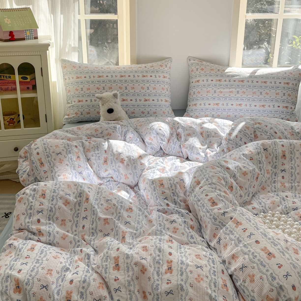 91家纺网 家纺一手货源 找家纺 铺尚美家纺 2025新款云感提花双层纱系列 他和她的兔