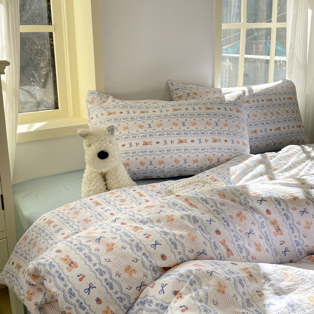 91家纺网 家纺一手货源 找家纺 铺尚美家纺 2025新款云感提花双层纱系列 他和她的兔