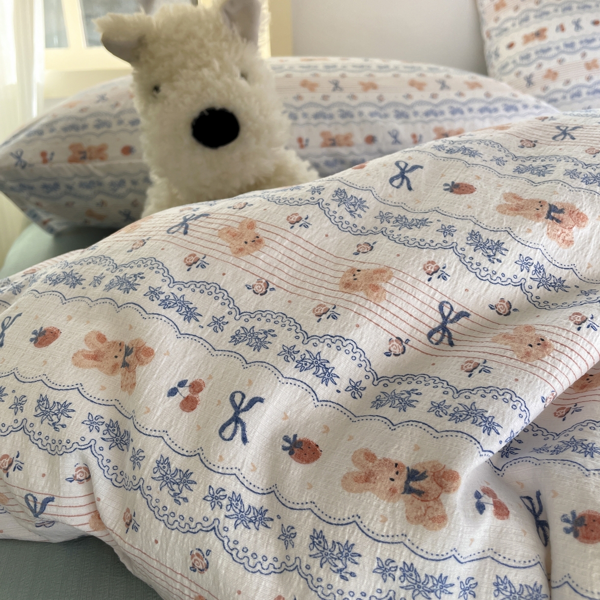 91家纺网 家纺一手货源 找家纺 铺尚美家纺 2025新款云感提花双层纱系列 他和她的兔