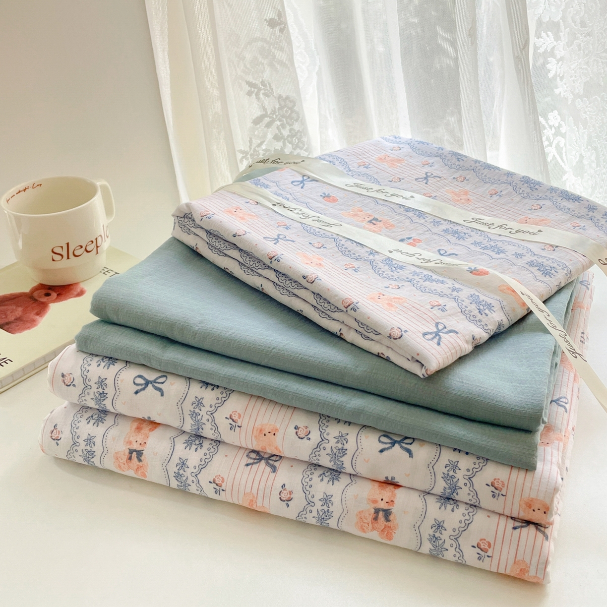 91家纺网 家纺一手货源 找家纺 铺尚美家纺 2025新款云感提花双层纱系列 他和她的兔