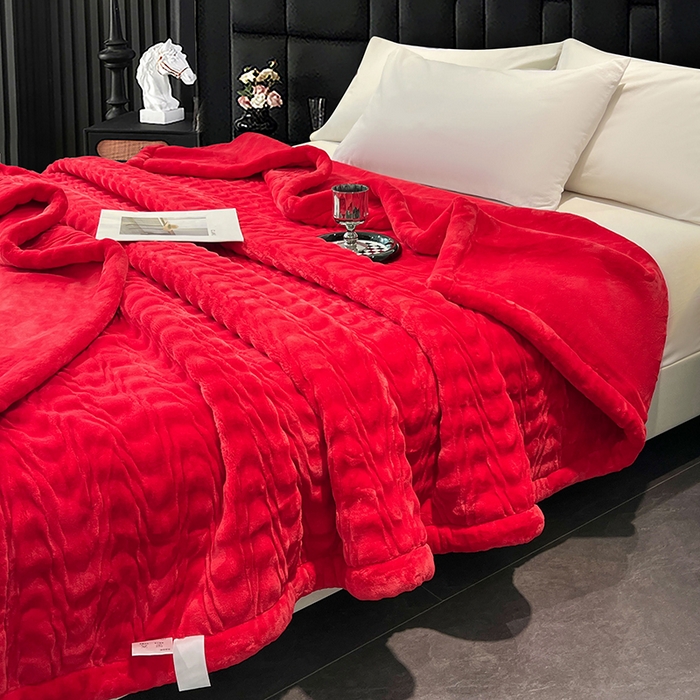 91家纺网 家纺一手货源 找家纺 凯轩毛毯网销专供 2025新款水波纹精品婚庆云毯毛毯 水波纹-胭脂红