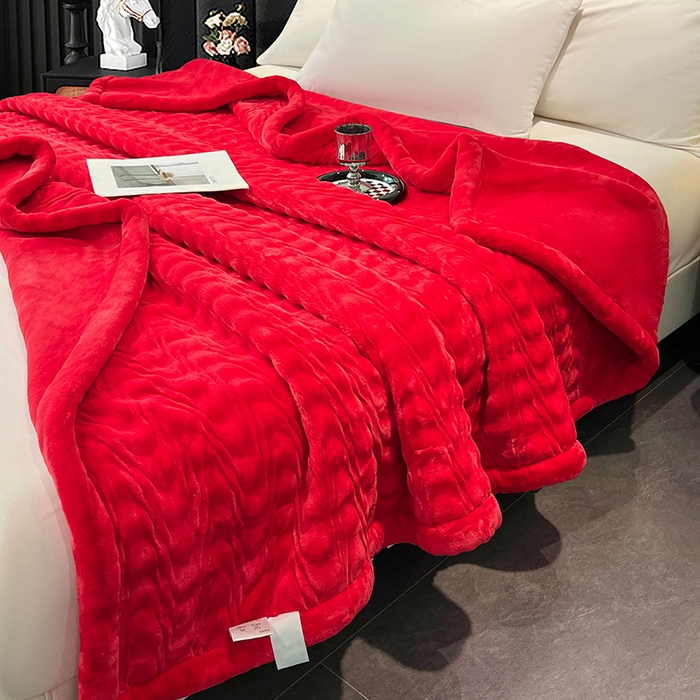 91家纺网 家纺一手货源 找家纺 凯轩毛毯网销专供 2025新款水波纹精品婚庆云毯毛毯 水波纹-胭脂红