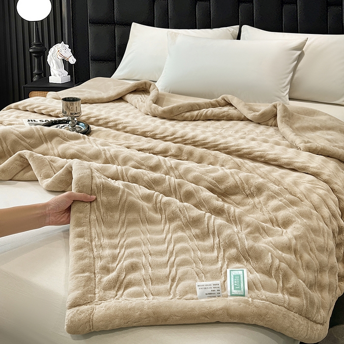 91家纺网 家纺一手货源 找家纺 凯轩毛毯网销专供 2025新款水波纹精品婚庆云毯毛毯 水波纹-燕麦色