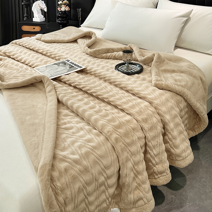 91家纺网 家纺一手货源 找家纺 凯轩毛毯网销专供 2025新款水波纹精品婚庆云毯毛毯 水波纹-燕麦色