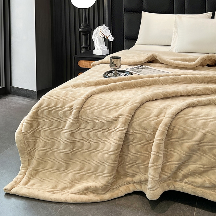 91家纺网 家纺一手货源 找家纺 凯轩毛毯网销专供 2025新款水波纹精品婚庆云毯毛毯 水波纹-燕麦色