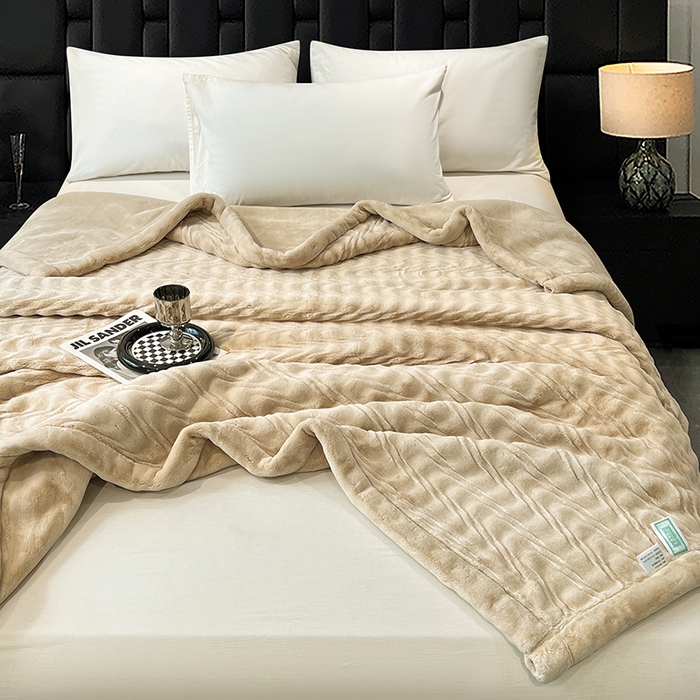 91家纺网 家纺一手货源 找家纺 凯轩毛毯网销专供 2025新款水波纹精品婚庆云毯毛毯 水波纹-燕麦色