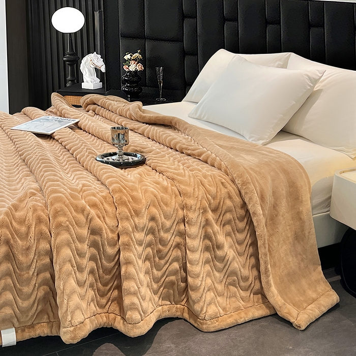 91家纺网 家纺一手货源 找家纺 凯轩毛毯网销专供 2025新款水波纹精品婚庆云毯毛毯 水波纹-奶茶色