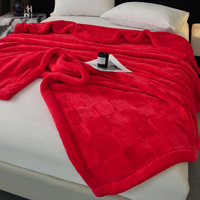 91家纺网 家纺一手货源 找家纺 凯轩毛毯网销专供 2025新款方格精品婚庆云毯毛毯 方格-朱砂红