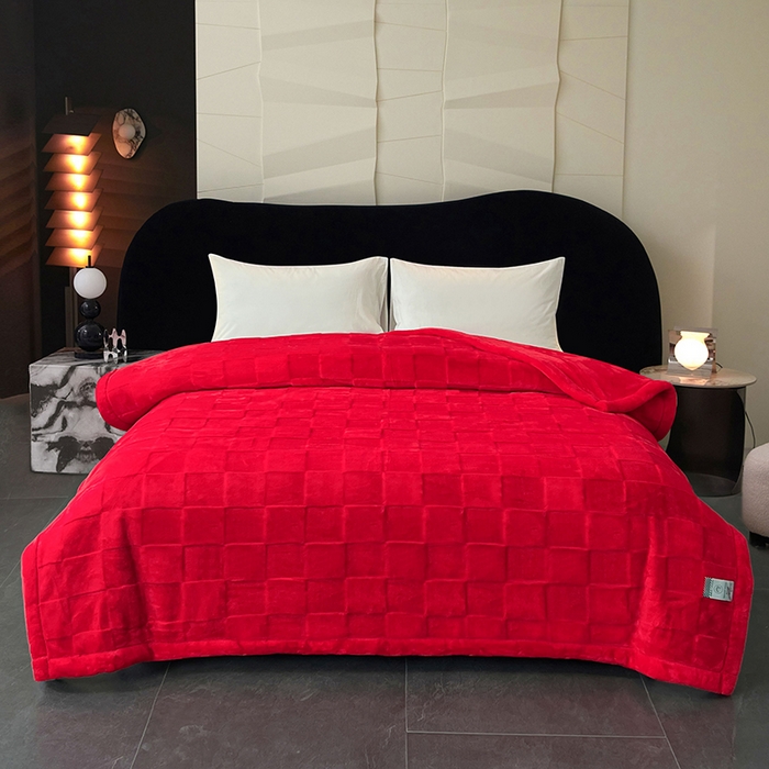 凯轩毛毯网销专供 2025新款方格精品婚庆云毯毛毯 方格-朱砂红
