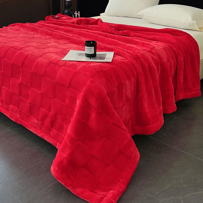 91家纺网 家纺一手货源 找家纺 凯轩毛毯网销专供 2025新款方格精品婚庆云毯毛毯 方格-朱砂红