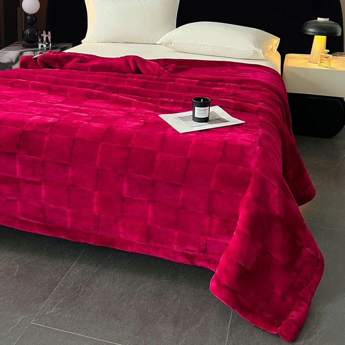 91家纺网 家纺一手货源 找家纺 凯轩毛毯网销专供 2025新款方格精品婚庆云毯毛毯 方格-玫瑰红