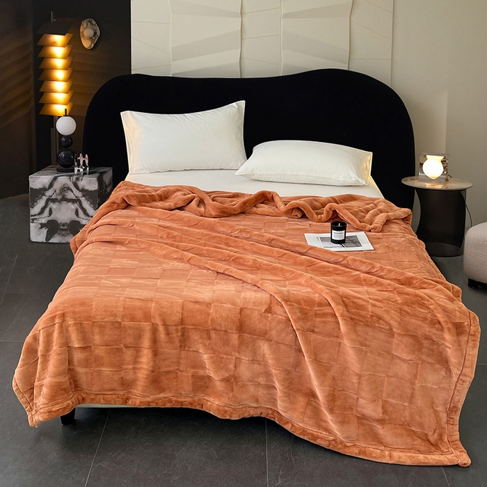 91家纺网 家纺一手货源 找家纺 凯轩毛毯网销专供 2025新款方格精品婚庆云毯毛毯 方格-落日橘