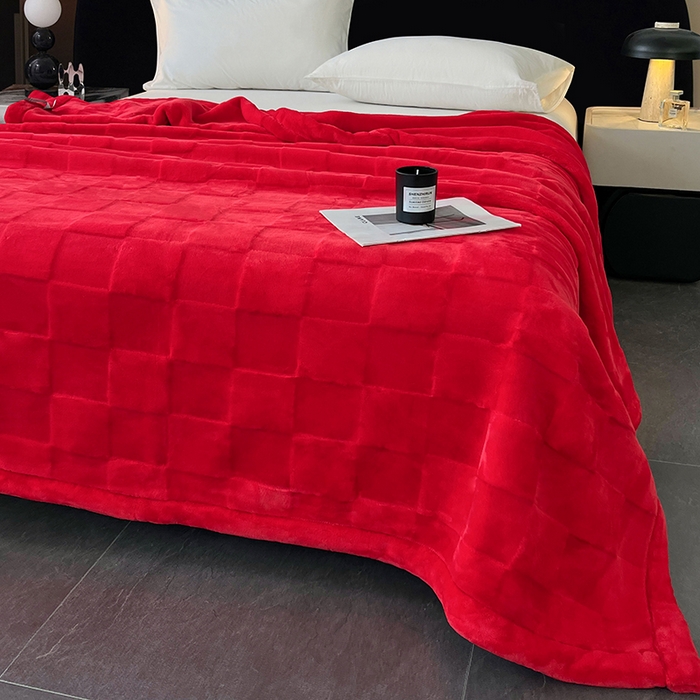 91家纺网 家纺一手货源 找家纺 凯轩毛毯网销专供 2025新款方格精品婚庆云毯毛毯 方格-朱砂红