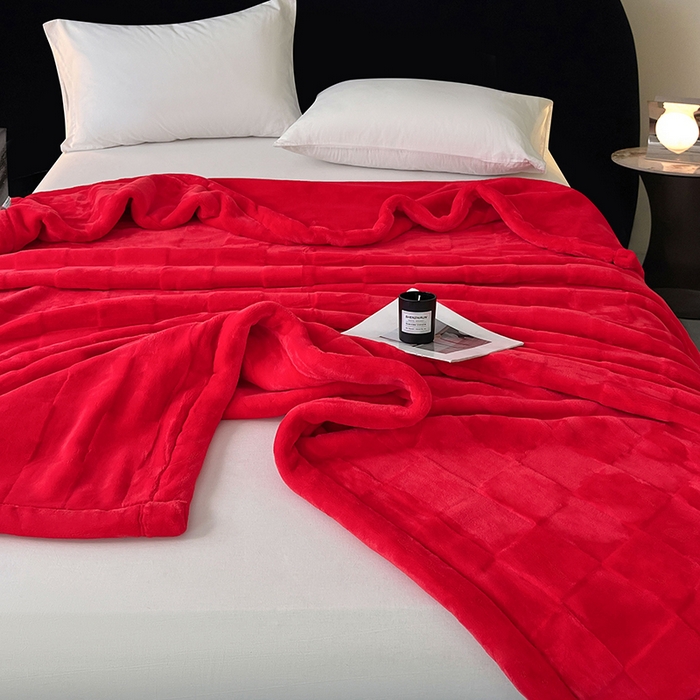 91家纺网 家纺一手货源 找家纺 凯轩毛毯网销专供 2025新款方格精品婚庆云毯毛毯 方格-朱砂红