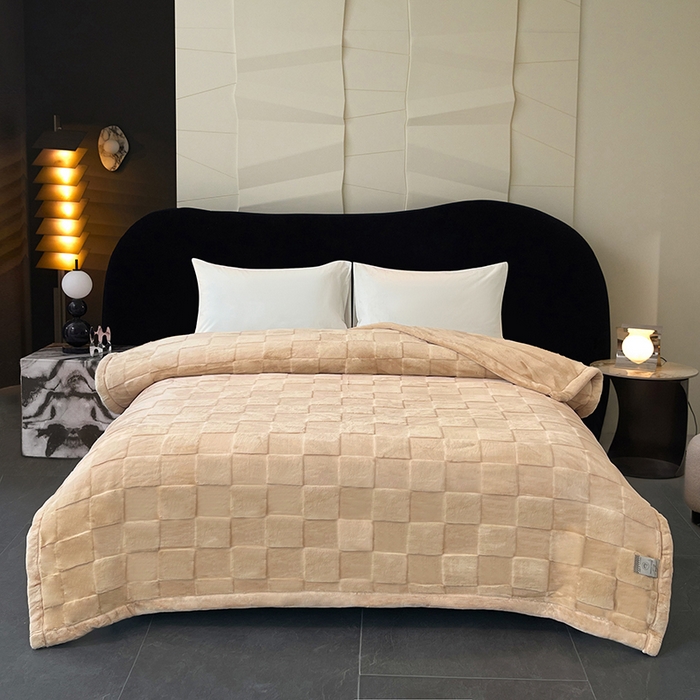 凯轩毛毯网销专供 2025新款方格精品婚庆云毯毛毯 方格-香槟色