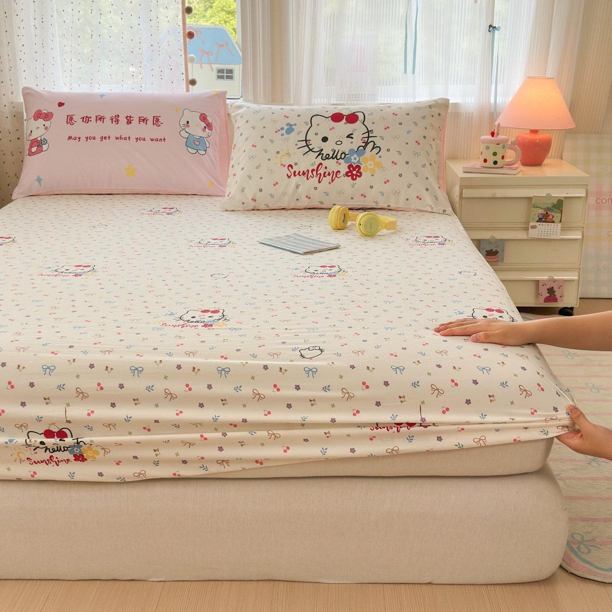 91家纺网 家纺一手货源 找家纺 一霖家纺 2025新款云朵棉小清新印花床笠系列 单床笠-许愿KT
