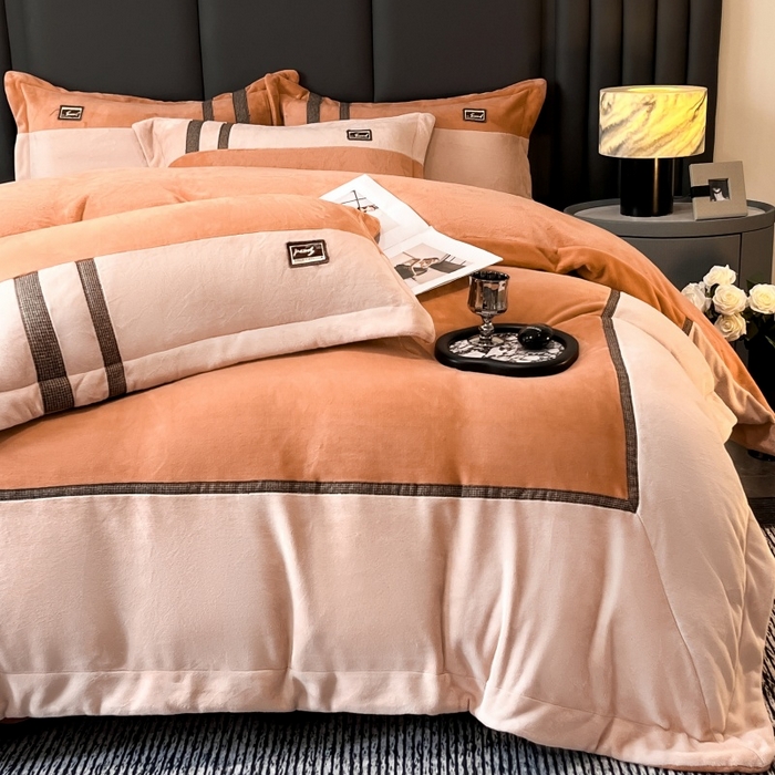 91家纺网 家纺一手货源 找家纺 馨梦缘 2025新款全消光暖阳绒四件套 永恒-简约桔+奶卡