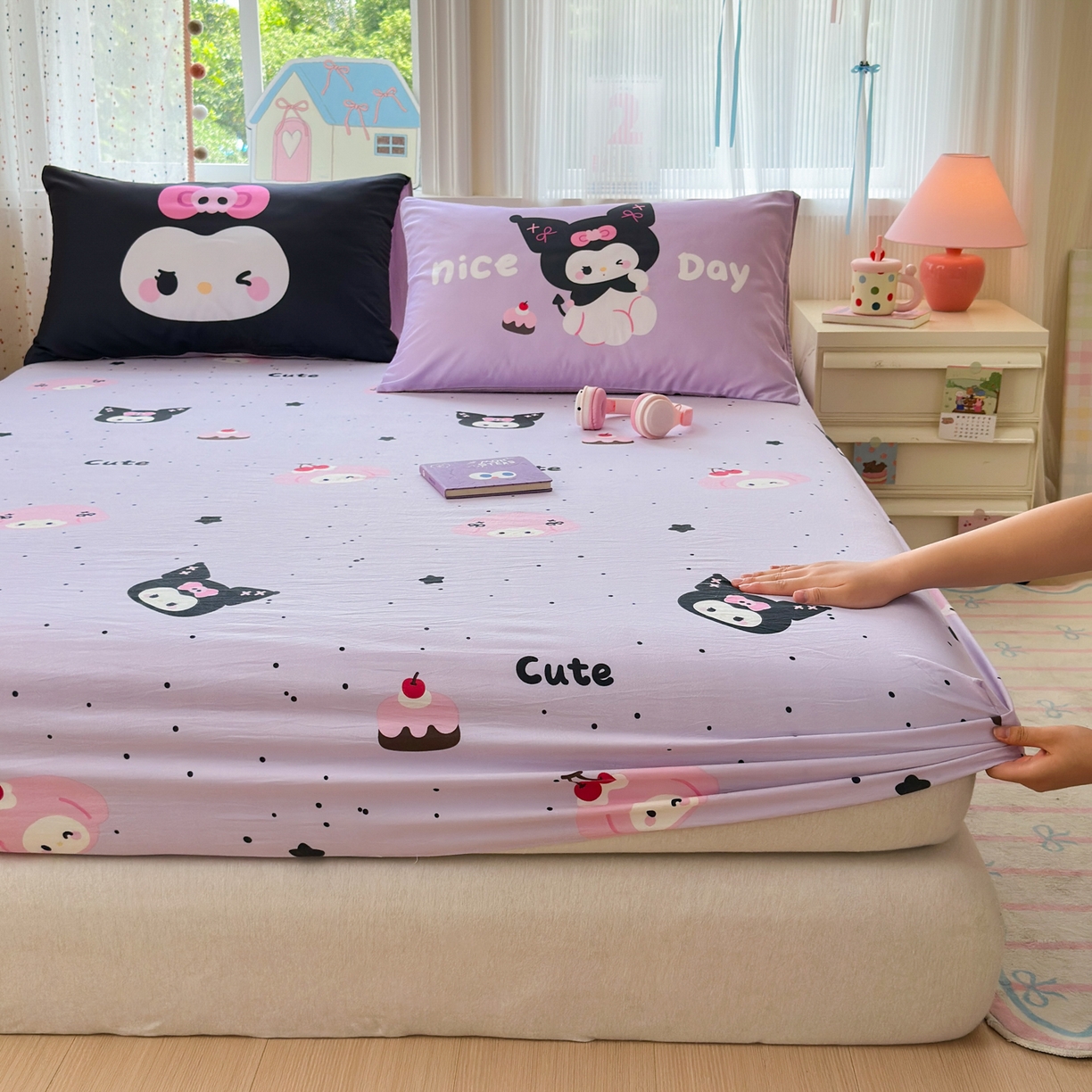 一霖家纺 2025新款云朵棉小清新印花床笠系列 单床笠-黑库米米