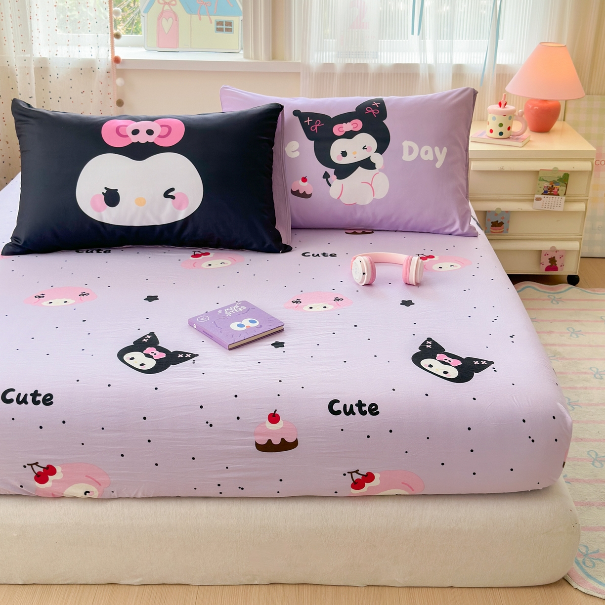 91家纺网 家纺一手货源 找家纺 一霖家纺 2025新款云朵棉小清新印花床笠系列 单床笠-黑库米米