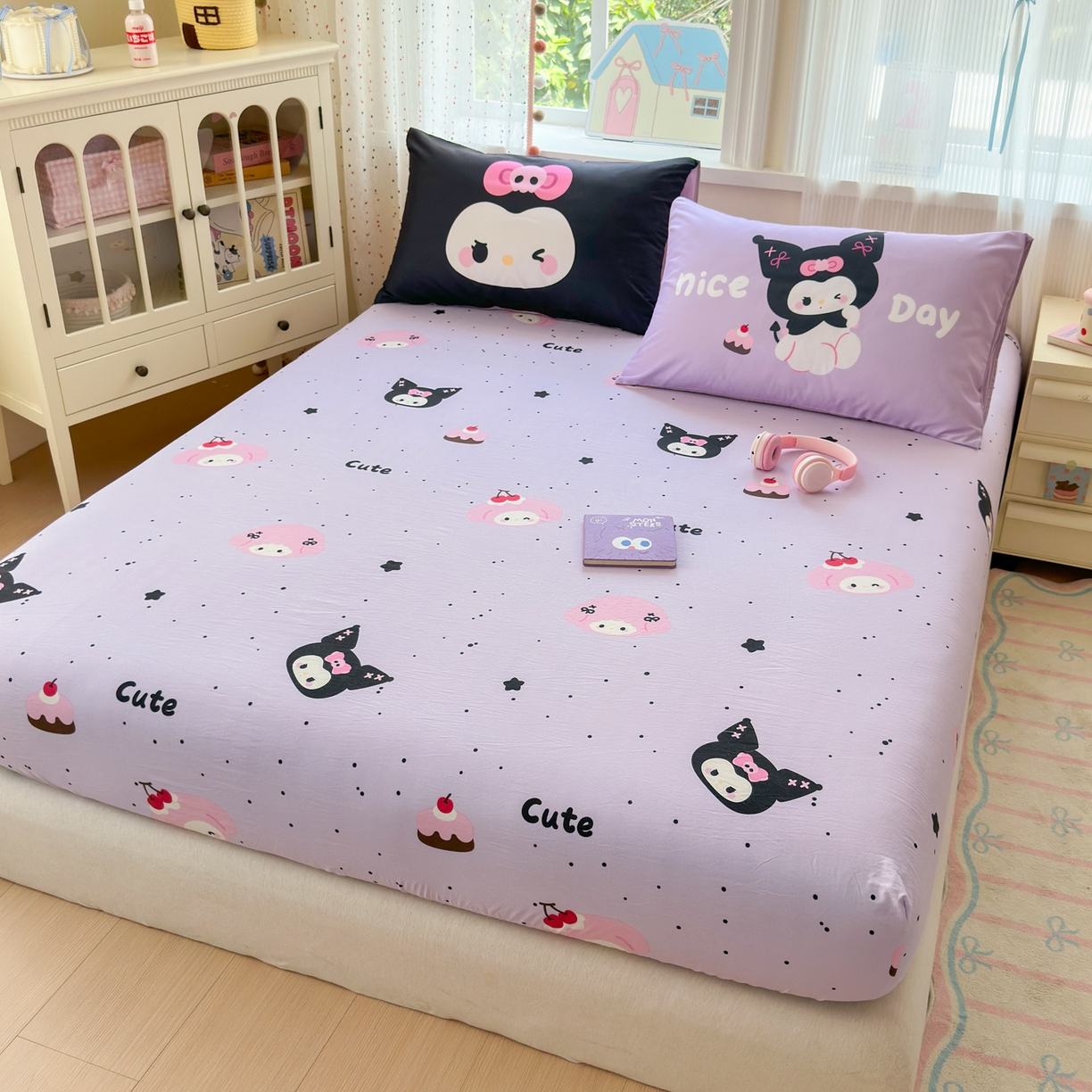 91家纺网 家纺一手货源 找家纺 一霖家纺 2025新款云朵棉小清新印花床笠系列 单床笠-黑库米米