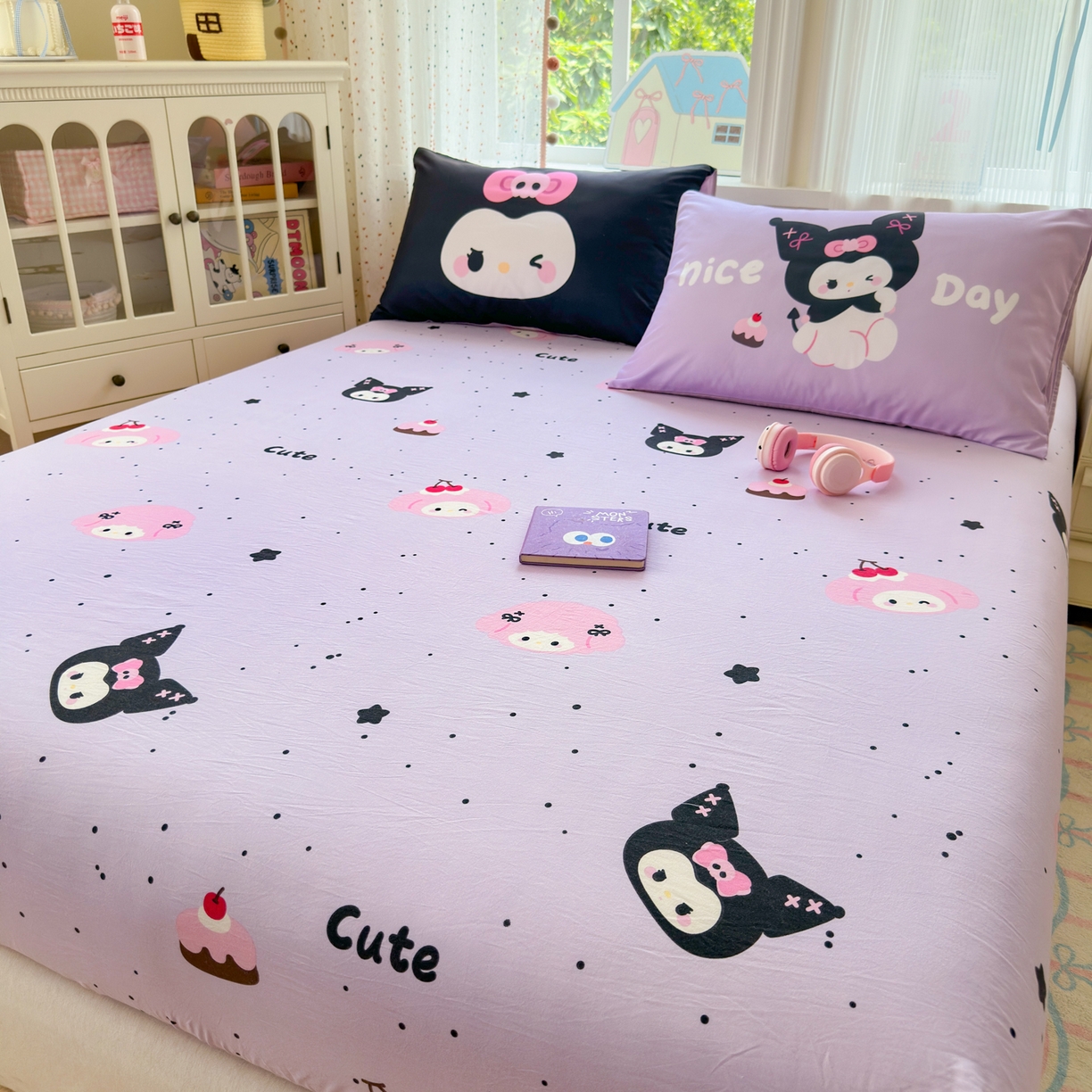 91家纺网 家纺一手货源 找家纺 一霖家纺 2025新款云朵棉小清新印花床笠系列 单床笠-黑库米米