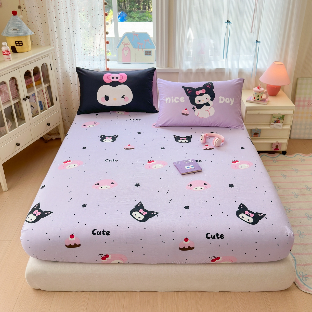 91家纺网 家纺一手货源 找家纺 一霖家纺 2025新款云朵棉小清新印花床笠系列 单床笠-黑库米米