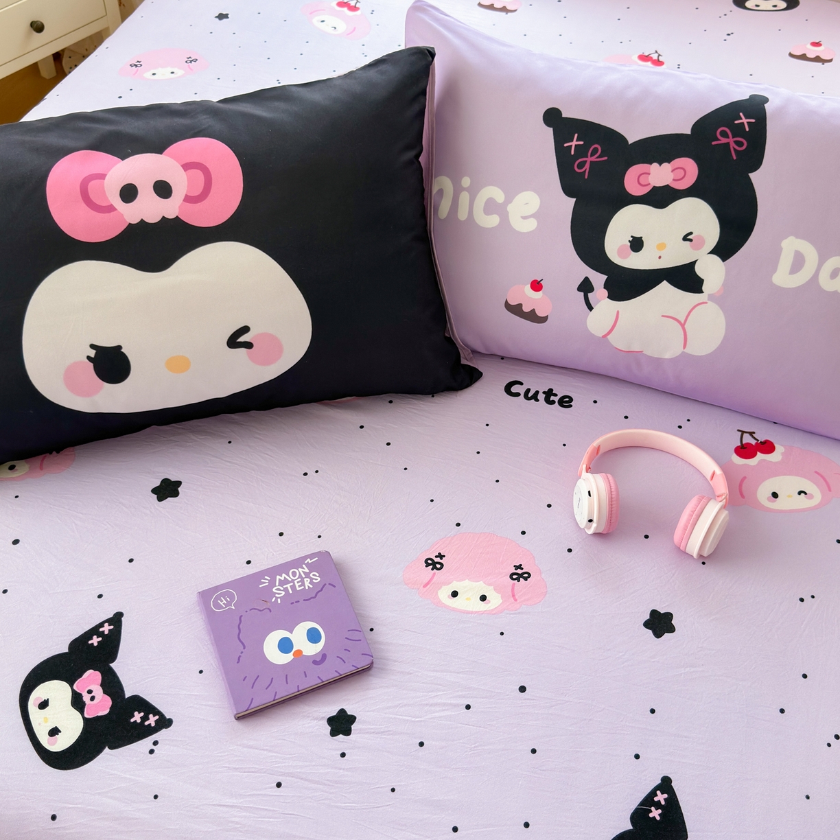 91家纺网 家纺一手货源 找家纺 一霖家纺 2025新款云朵棉小清新印花床笠系列 单床笠-黑库米米