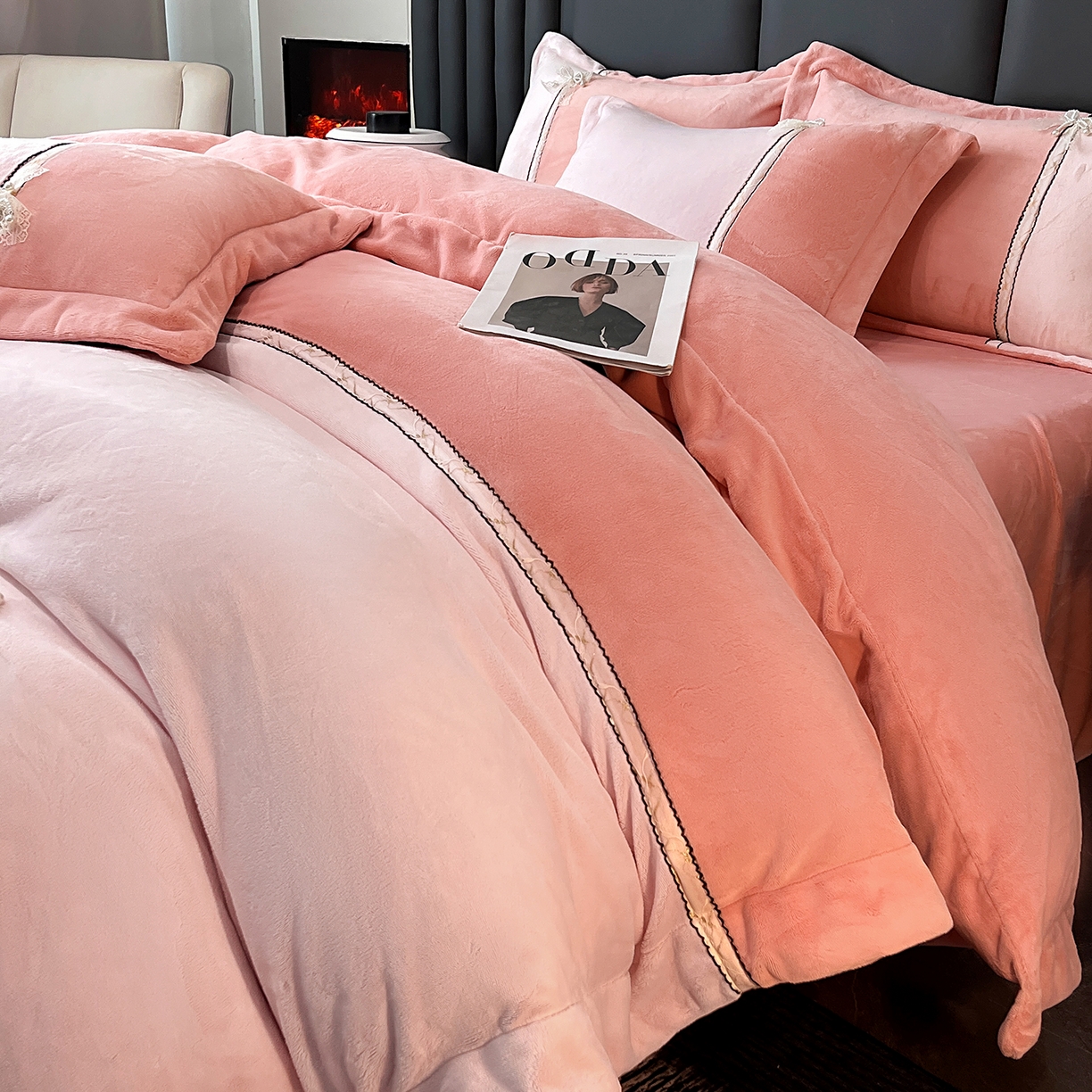 91家纺网 家纺一手货源 找家纺 馨梦缘 2025新款全消光暖阳绒四件套 珍爱款-橙粉+靓粉