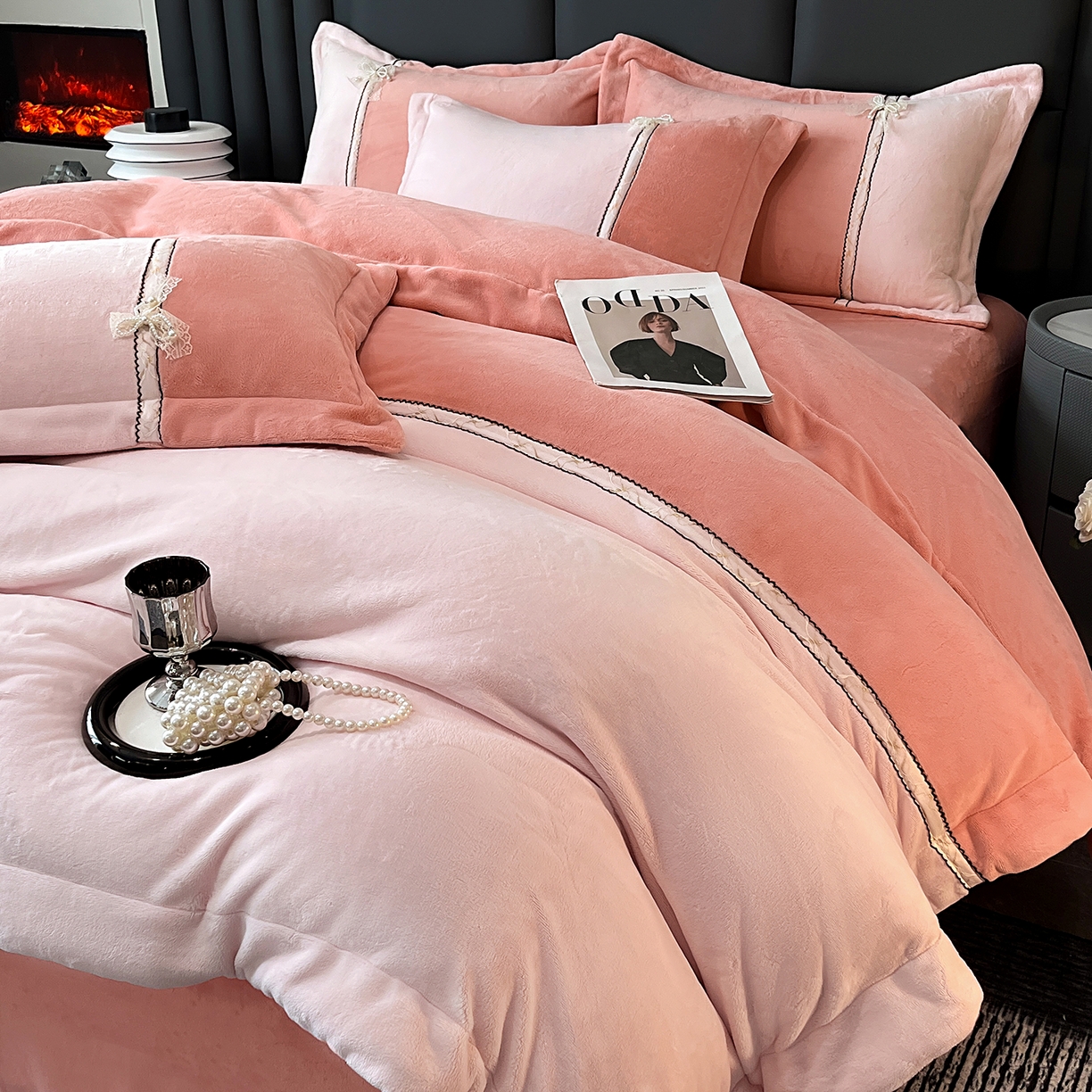 91家纺网 家纺一手货源 找家纺 馨梦缘 2025新款全消光暖阳绒四件套 珍爱款-橙粉+靓粉